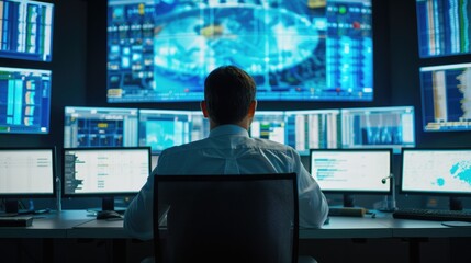 A man, wearing a hat and headphones, sits in front of a multimedia display device in a control room with an electric blue ambiance. AIG41