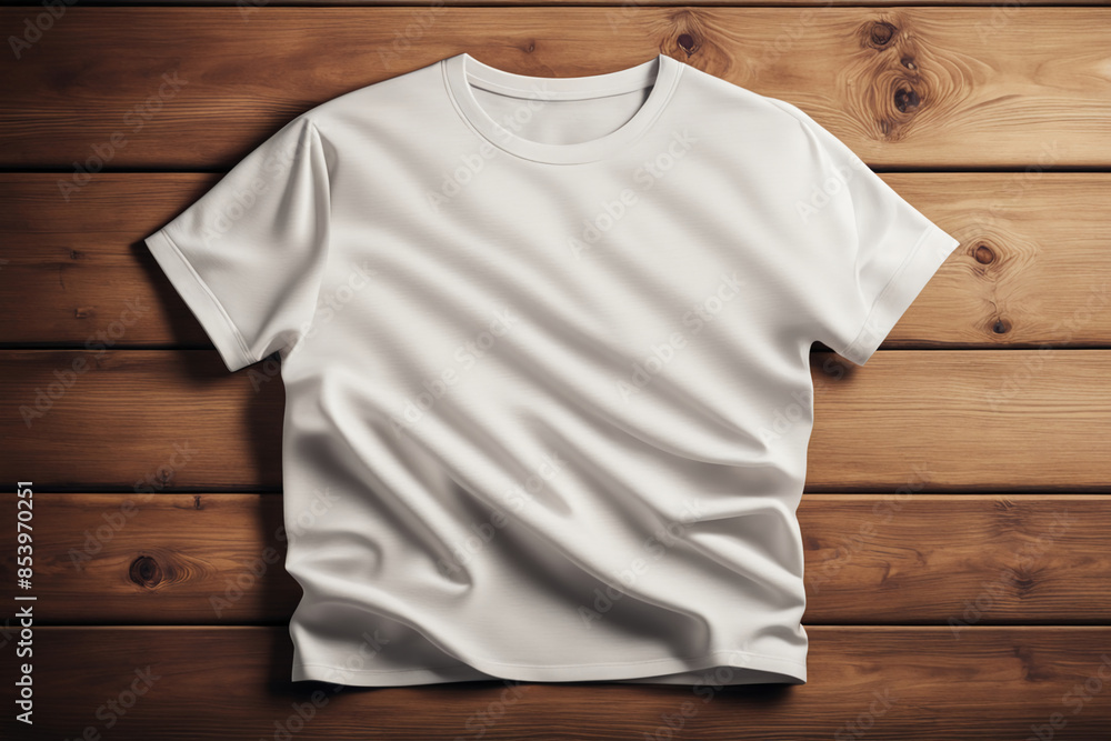 Wall mural white t-shirt on wooden background design, top view. mockup for design - Wall murals