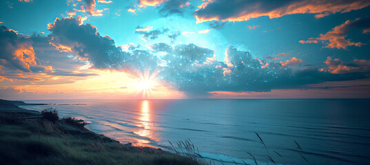 Stunning sunset over serene ocean is framed by vibrant clouds and glowing sunburst, creating magical atmosphere. Scene captures beauty of nature, with sun's rays illuminating sky, reflecting off water