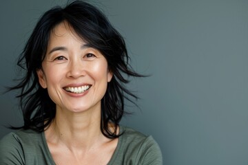 Fototapeta premium Portrait of a smiling asian woman in her 40s laughing isolated in pastel gray background