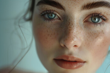 Fototapeta premium Close-up portrait of a woman with flawless skin, showcasing her natural beauty in a stunning beauty concept.