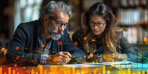 Older man and young woman analyzing data with charts and graphs overlay