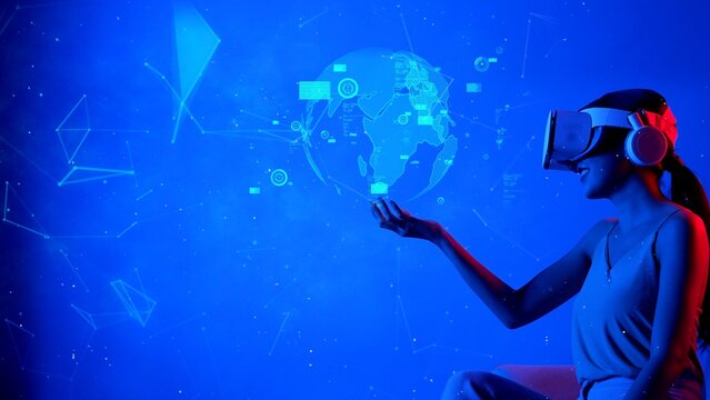 Woman in VR headset changing on world business circle shape to signal point station network international world map. Futuristic technology global connectivity design 3D digital graphic. Hallucination.