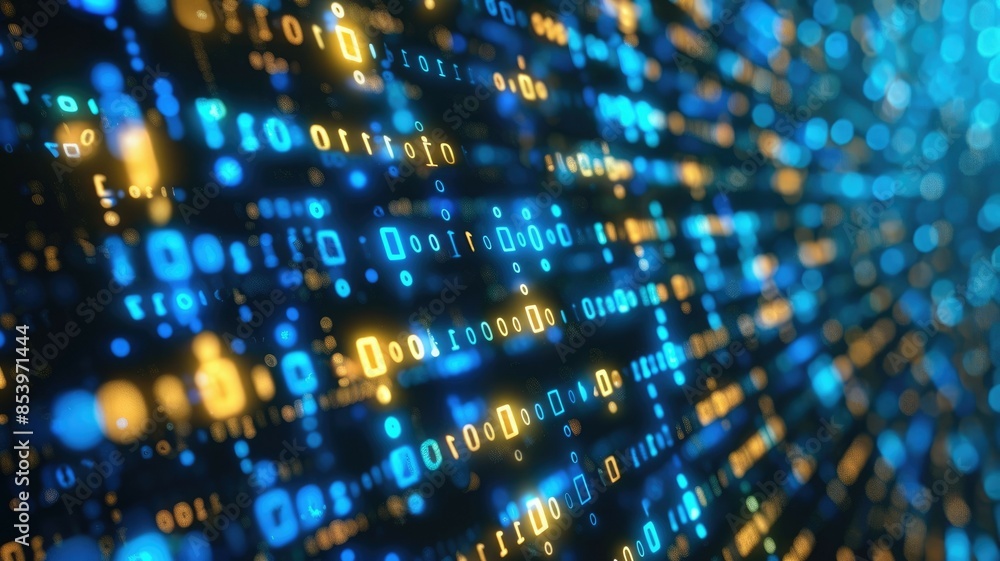 Aufkleber abstract digital data stream with binary code in blue and yellow, representing technology and connec