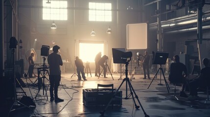 Behind the scenes of a movie set, a group of actors and crew members are getting ready to film a scene. AIG535