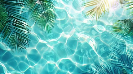 3D rendering of palm leaves shadow on the water surface in a swimming pool with a light blue background