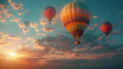Obraz premium A picturesque scene of three hot air balloons gliding through the sky at sunset, showcasing vibrant colors and a breathtaking backdrop of clouds.