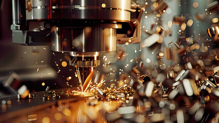 Ultra-detailed depiction of a metalworking CNC milling machine in operation vivid metal shavings and cutting process modern precise focus