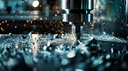 Ultra-detailed depiction of a metalworking CNC milling machine in operation vivid metal shavings and cutting process modern precise focus