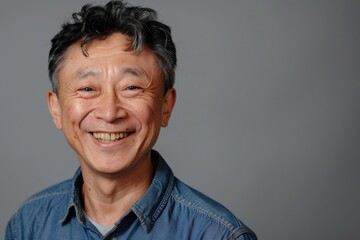 Fototapeta premium Portrait of a cheerful asian man in his 50s smiling at the camera while standing against pastel gray background
