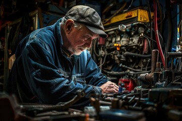 A focused craftsman meticulously working at his bench in a tool-filled workshop, captured in a warm light. AIG58