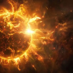 Obraz premium Sun emitting solar flares, closeup, intense yellow and orange hues, dark space background, dynamic and powerful cosmic energy