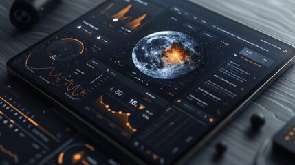 A close-up of a tablet displaying detailed information about the moon, including charts, graphs, and a 3D rendering of the moons surface.