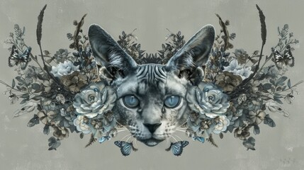 cat, flower, illustration style
