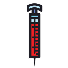 Syringe medical tool equipment with red liquid colorful icon illustration with outline isolated on square white background. Simple flat health care themed cartoon art styled drawing.