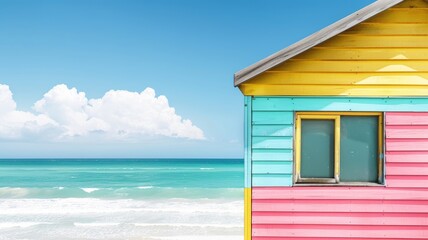 Colorful beachfront cabin with sea and clear sky