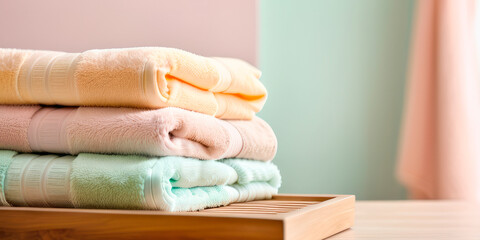 Obraz premium a stack of colored towels against a plain wall in the spa, mockup