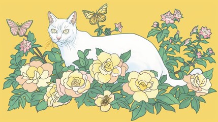 cat, flower, illustration style