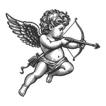 recommend clip art: Cupid, cherubic figure with wings, aiming a bow and arrow, love and romance sketch engraving generative ai fictional character vector illustration. Scratch board imitation. Black and white image.