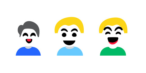 Fototapeta premium Three cartoon style faces show different hairstyles and shirt colors, all with smiling expressions. They are presented against a transparent background, simplistically designed with a cheerful vibe.AI