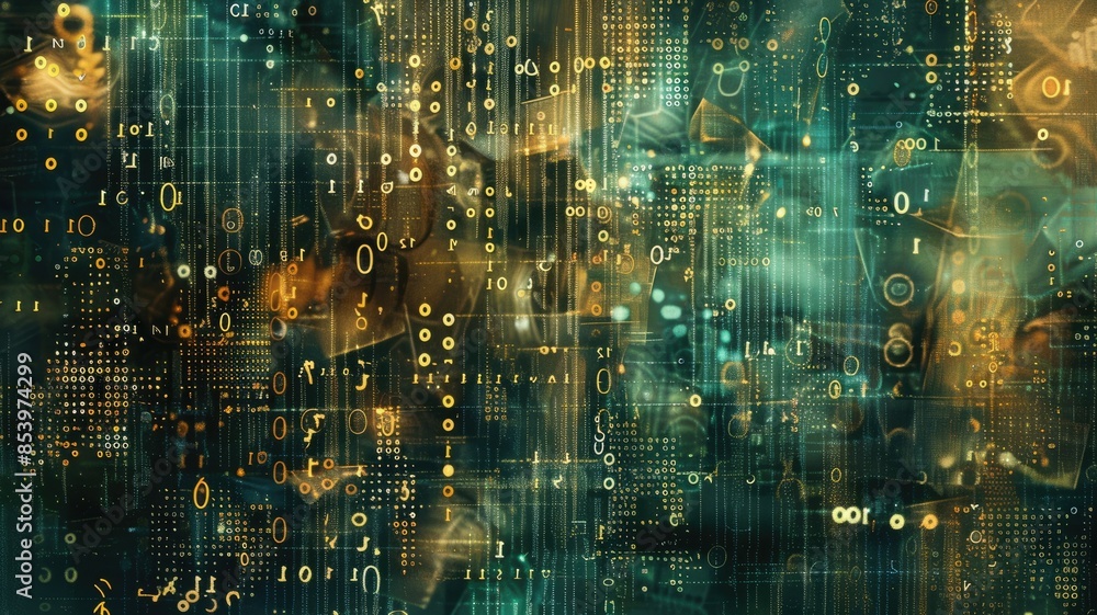 Poster an abstract digital depiction of rainfall and matrix code merging textures and data in a dark and fu