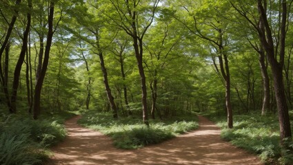 Fototapeta premium A forest path lined with trees and foliage during spring or summer