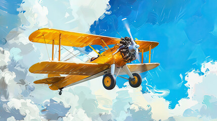  : Yellow biplane soaring in blue sky fine details vivid colors precise focus.