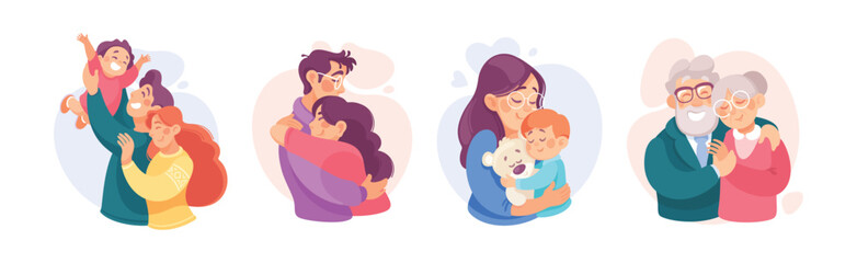 Embracing People Character Loving and Feeling Happy Vector Illustration Set