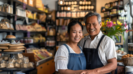 Portrait of happy asian senior male and female staff in a coffee shop