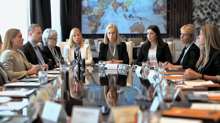 Group of business people discussing the charts and graphs showing the results of their successful teamwork