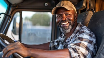 black handsome satisfied man African American truck driver in the cab of a truck