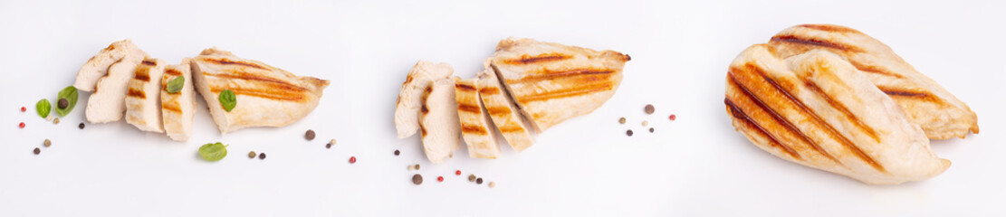 Grilled pieces of chicken breast with shadows on a white background. the grilling season. The grilled chicken slices are with a mix of pepper peas and fresh basil leaves