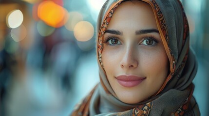 Smiling young woman in a patterned hijab against a vibrant bokeh background