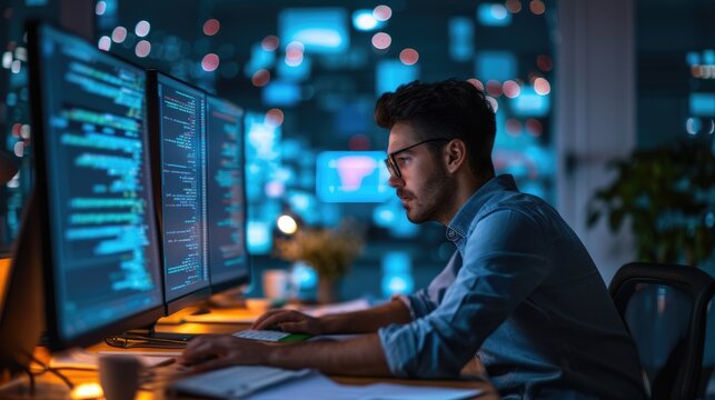 A software developer works on code late into the night, illuminated by the glow of multiple computer screens in a modern office. AIG41