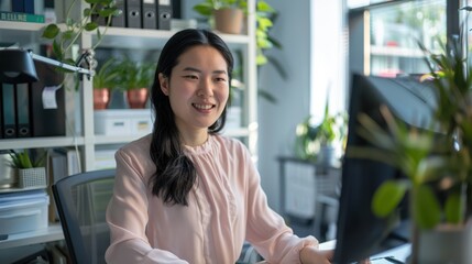 The woman at office desk.