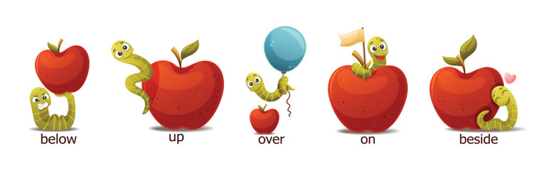 Red Apple with Green Worm as English Preposition Words Vector Set