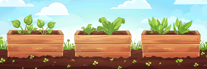 Fototapeta premium Three wooden garden planter boxes with young green plants illustrated outdoors banner. Panoramic web header. Wide screen wallpaper
