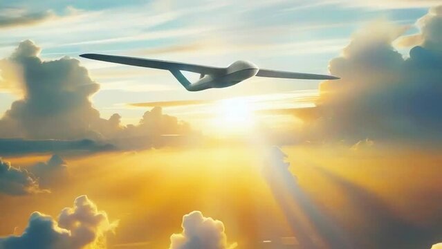 Large fixed wing drone flying high in the sky above the clouds at sunset