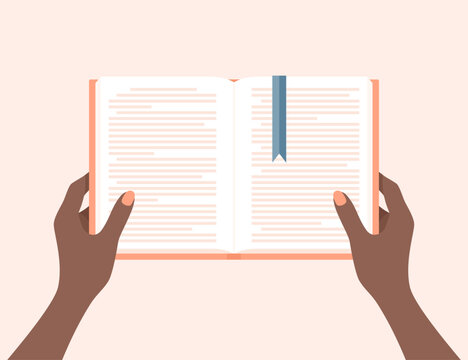Black woman reading a book. Hands holding open book with bookmark. Flat vector illustration