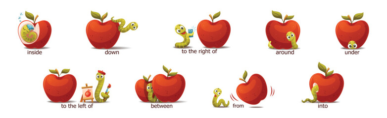 Red Apple with Green Worm as English Preposition Words Vector Set