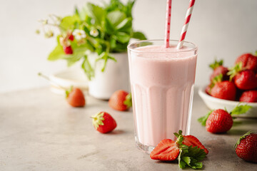 Glass of fresh strawberry milkshake