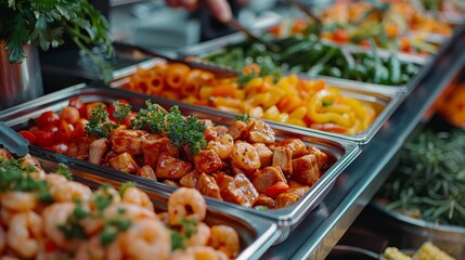 A display of shrimp stew, fresh vegetables, peppers, and herbs in buffet trays