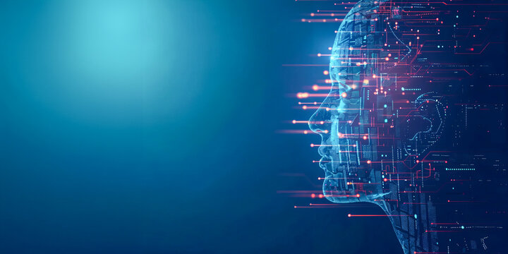 Perfil abstracto de una cabeza humana hecha de una placa de circuito digital, c&oacute;digo binario y elementos de flujo de datos sobre un fondo azul para una ilustraci&oacute;n vectorial del concepto