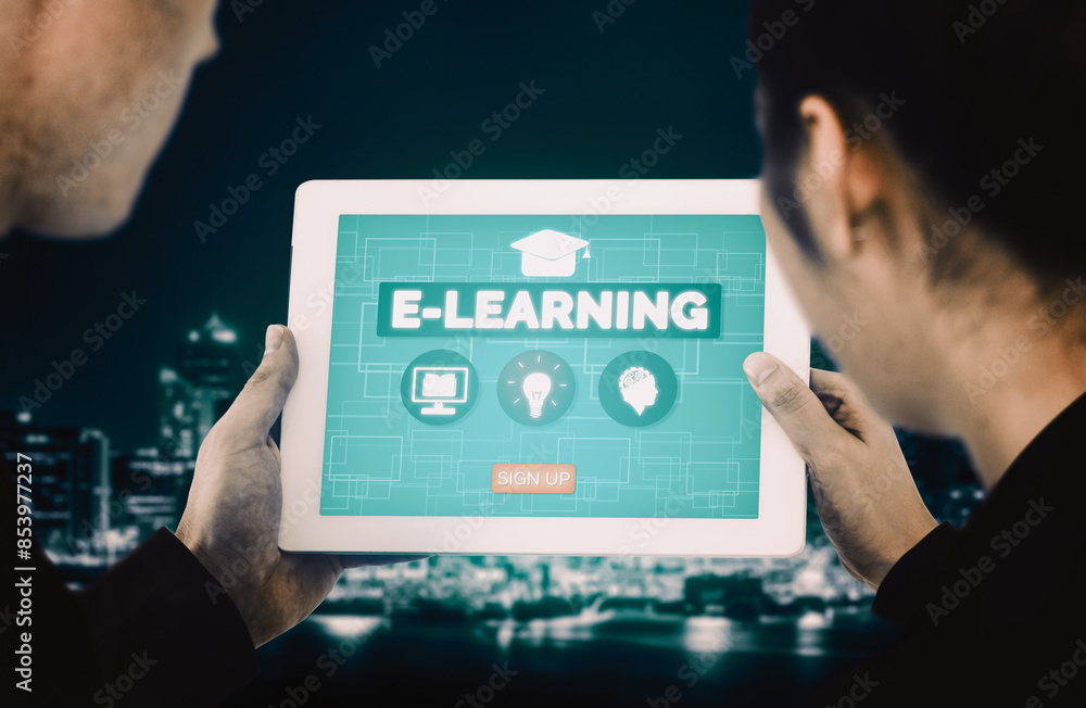 Poster e-learning and online education for student and university concept. graphic interface showing techno