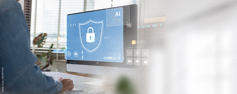 Fototapete Advanced Data Management and Security Solutions for Businessmen Using AI and Machine Learning Analytics on High Tech Computer Systems