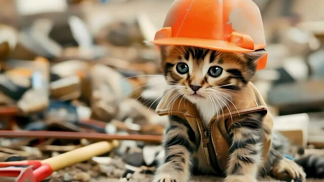 Curious kitten safety gear on construction site, adorable cat worker tools and debris