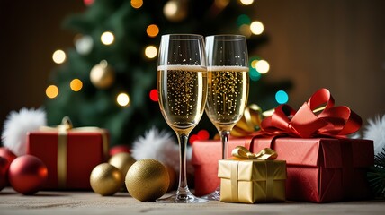 glass of champagne and gift around chrismas with a chrismas tree in the background, holiday, party