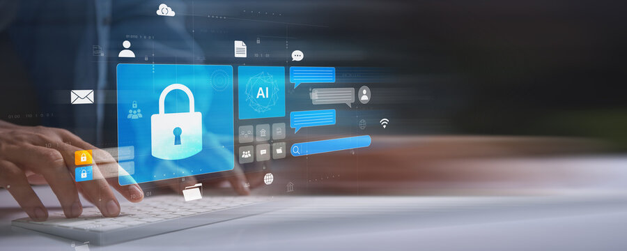 Innovative AI and technology integration showcased by a businessman using a smartphone for communication and data analysis, emphasizing cloud computing and cyber security