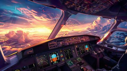 Ultra-detailed depiction of a flight deck in a modern passenger jet aircraft pilots at work detailed cockpit instruments cloudy sky and sunset view from the cockpit precise and vivid lighting
