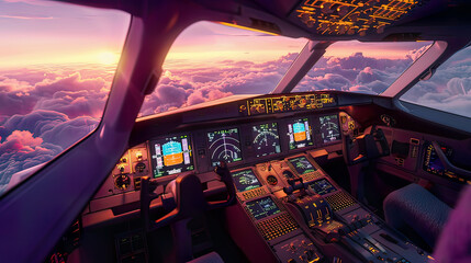 Ultra-detailed depiction of a flight deck in a modern passenger jet aircraft pilots at work detailed cockpit instruments cloudy sky and sunset view from the cockpit precise and vivid lighting